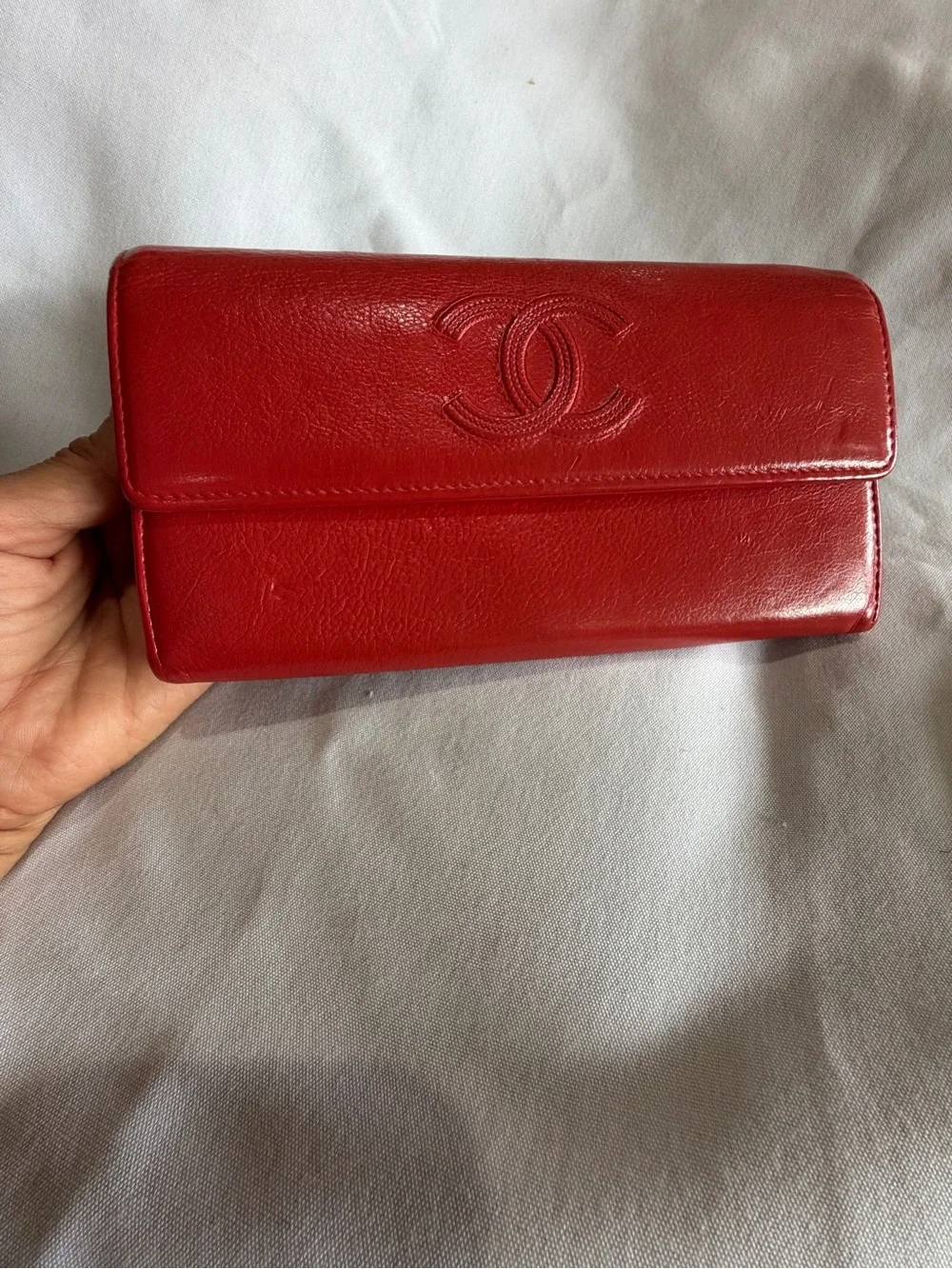 Authentic Chanel Red Lambskin Long Wallet CC Logo Series 26 w/ Added Chain